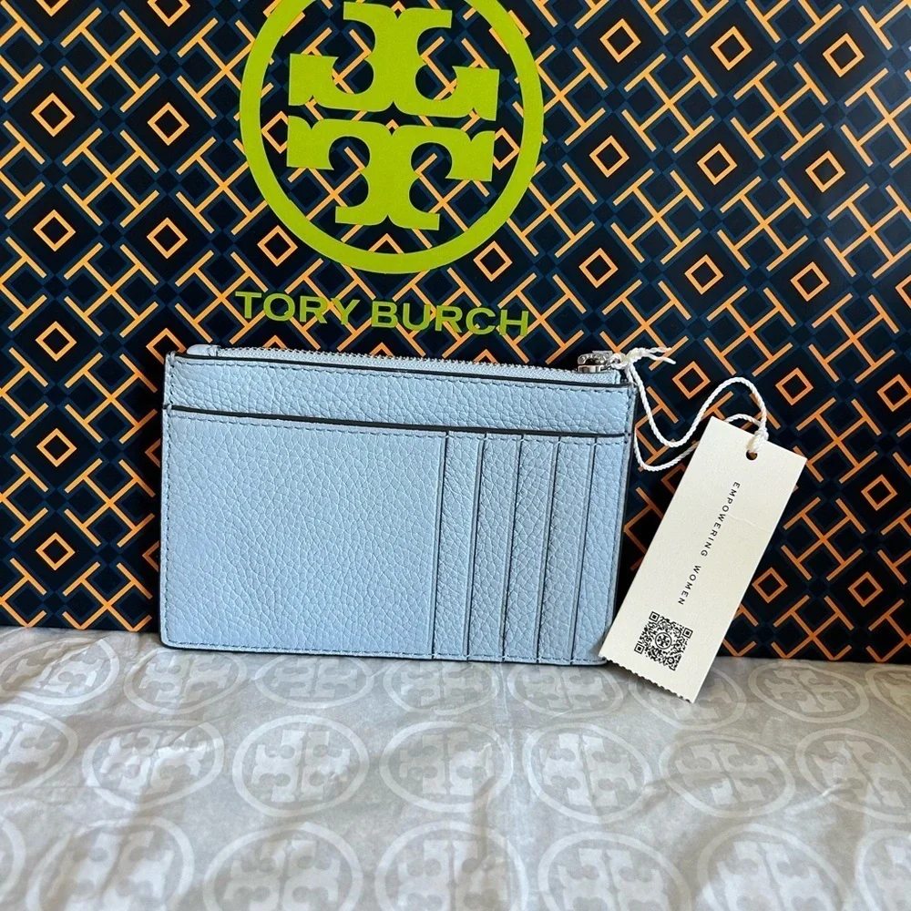Tory Burch Britten Zip Card Case Mini Wallet Blue Mist Silver Light Blue